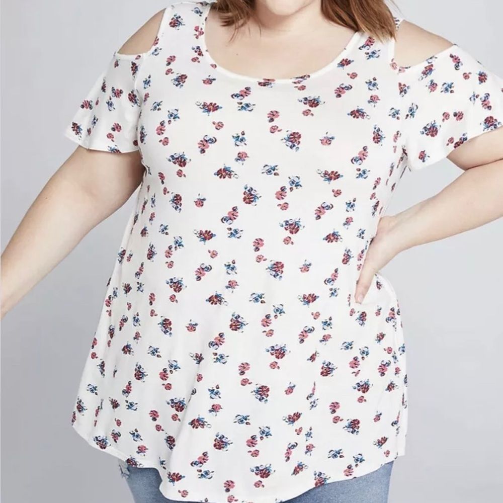 Lane Bryant Cold-Shoulder Ditsy Floral Tie-Back Swing Tee Sz 26/28